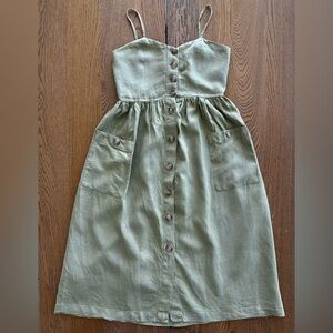 Mango Olive Khaki Green Button-Front Linen Dress with Pockets Beach Breathable